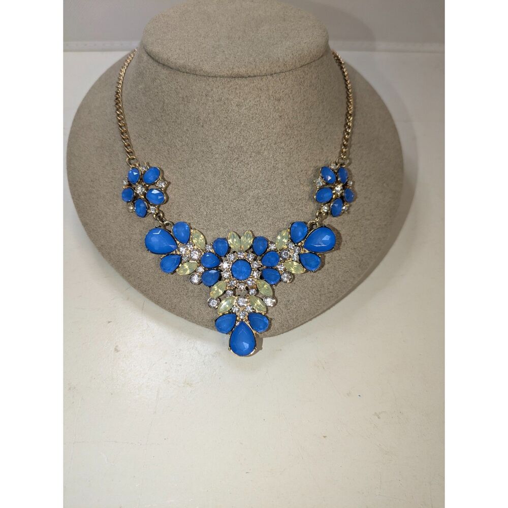 Blue and Yellow Rhinestone Statement Bib Necklace